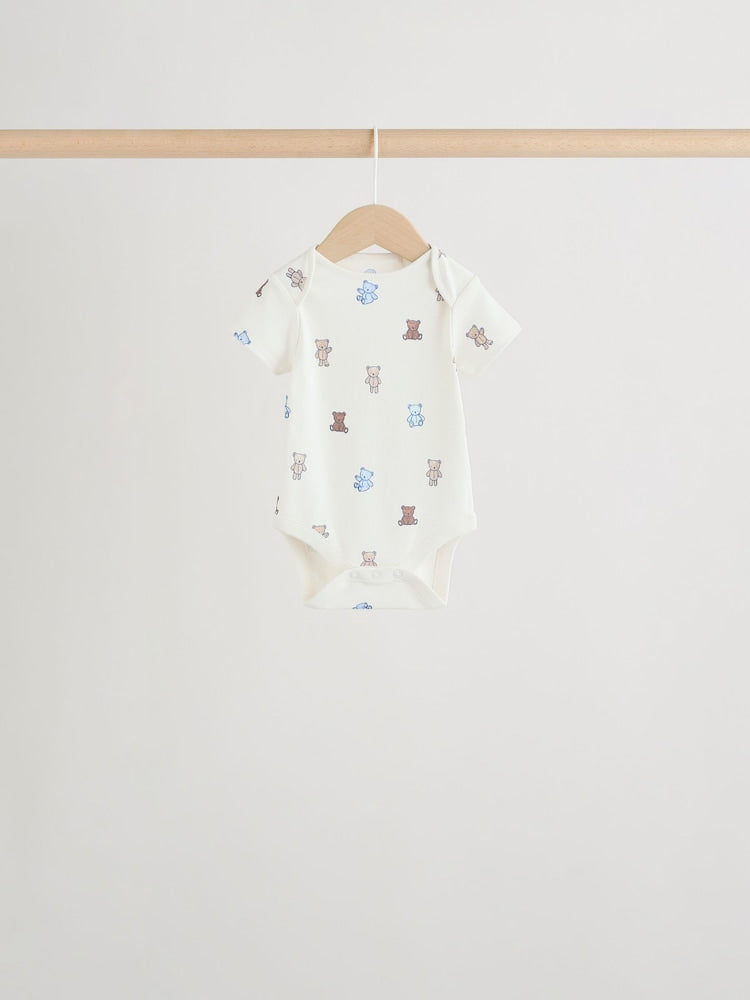 Blue/Ecru Bear Short Sleeve Baby Bodysuits 5 Pack