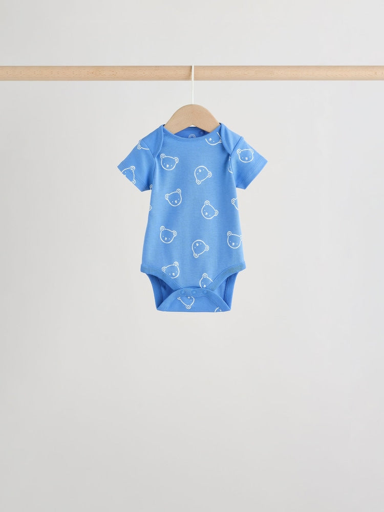 Blue/Ecru Bear Short Sleeve Baby Bodysuits 5 Pack