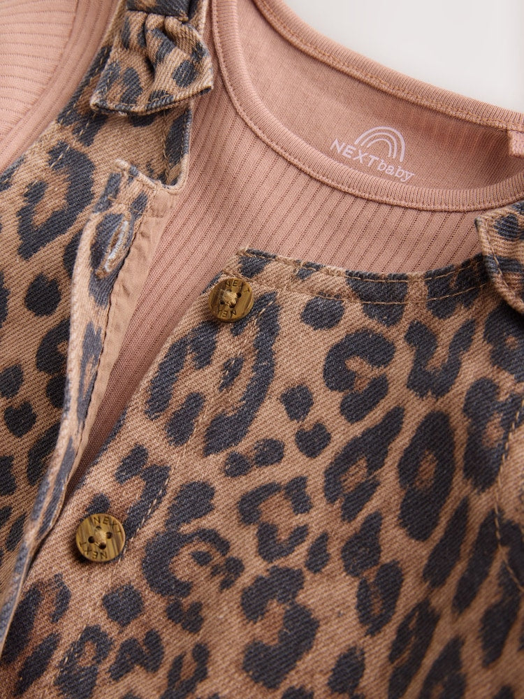 Leopard Print Pinafore Long Sleeve Bodysuit & Tights 3 Piece Set (0mths-2yrs)