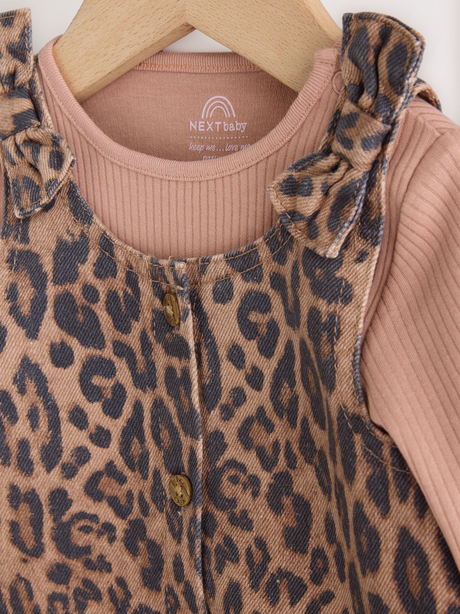 Leopard Print Pinafore Long Sleeve Bodysuit & Tights 3 Piece Set (0mths-2yrs) - Size 50cm (First Size)