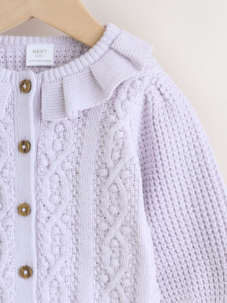 Lilac Purple Frill Collar Knitted Baby Cardigan (0mths-2yrs)
