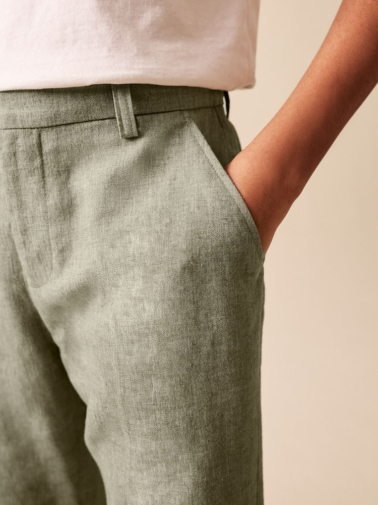 Khaki Green Linen Blend Suit Trousers (3-16yrs)