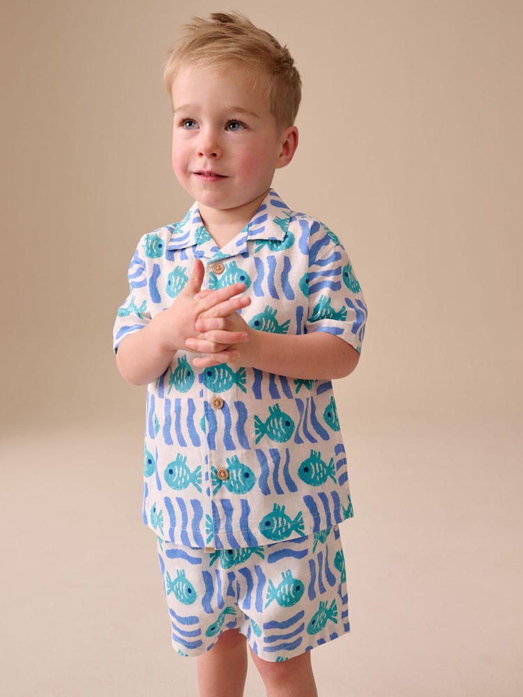 White/Blue Sea All Over Print Short Sleeve Revere Collar Shirt & Shorts Set (3mths-10yrs)