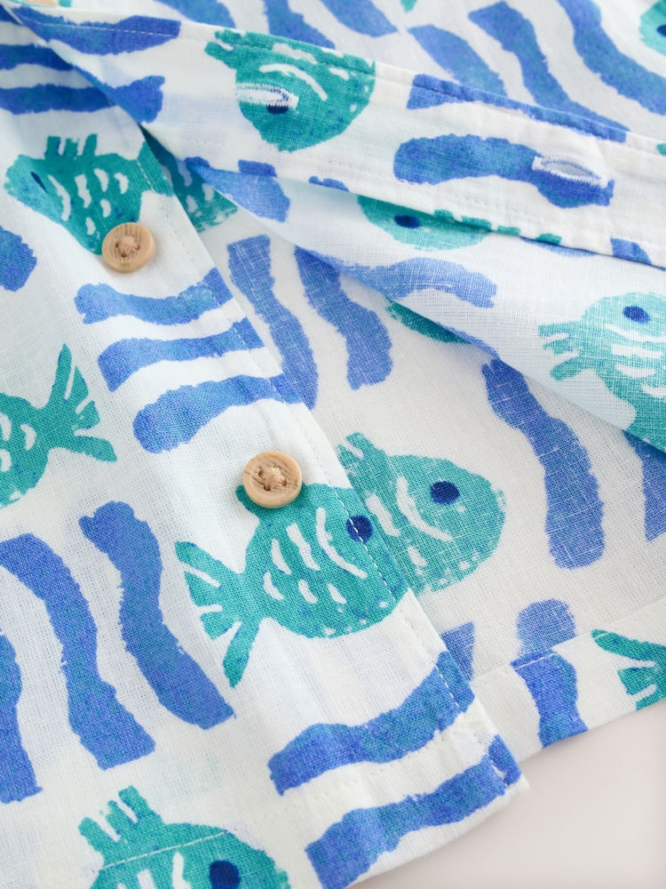 White/Blue Sea All Over Print Short Sleeve Revere Collar Shirt & Shorts Set (3mths-10yrs)