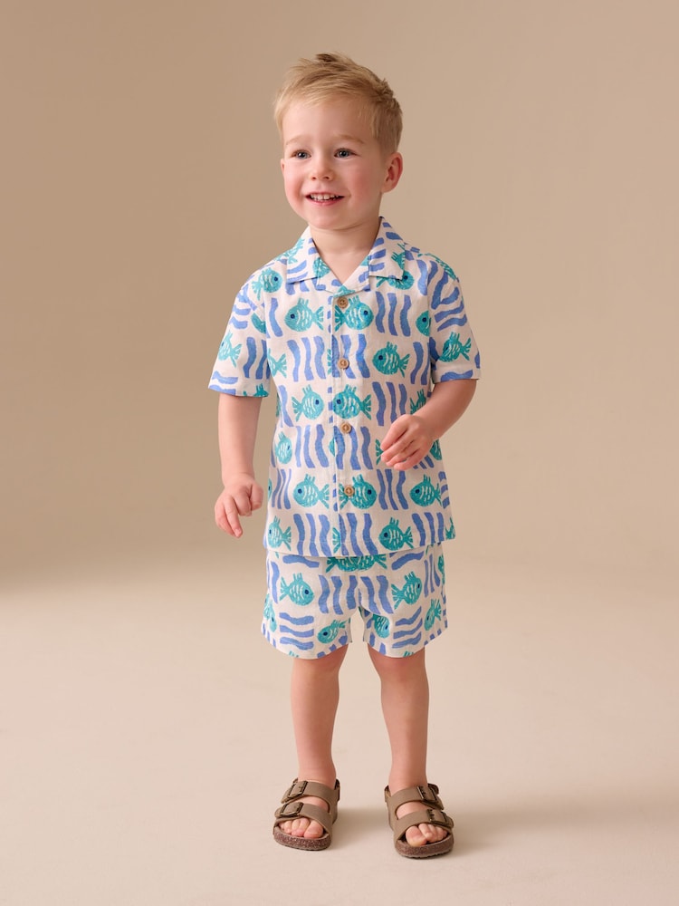 White/Blue Sea All Over Print Short Sleeve Revere Collar Shirt & Shorts Set (3mths-10yrs)