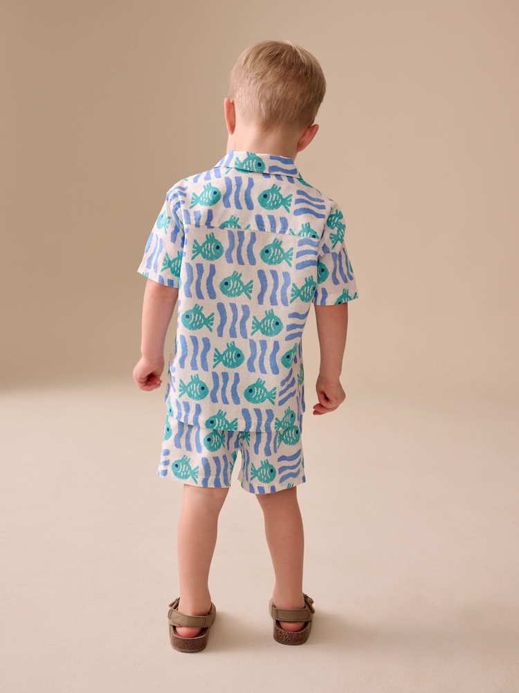 White/Blue Sea All Over Print Short Sleeve Revere Collar Shirt & Shorts Set (3mths-10yrs)