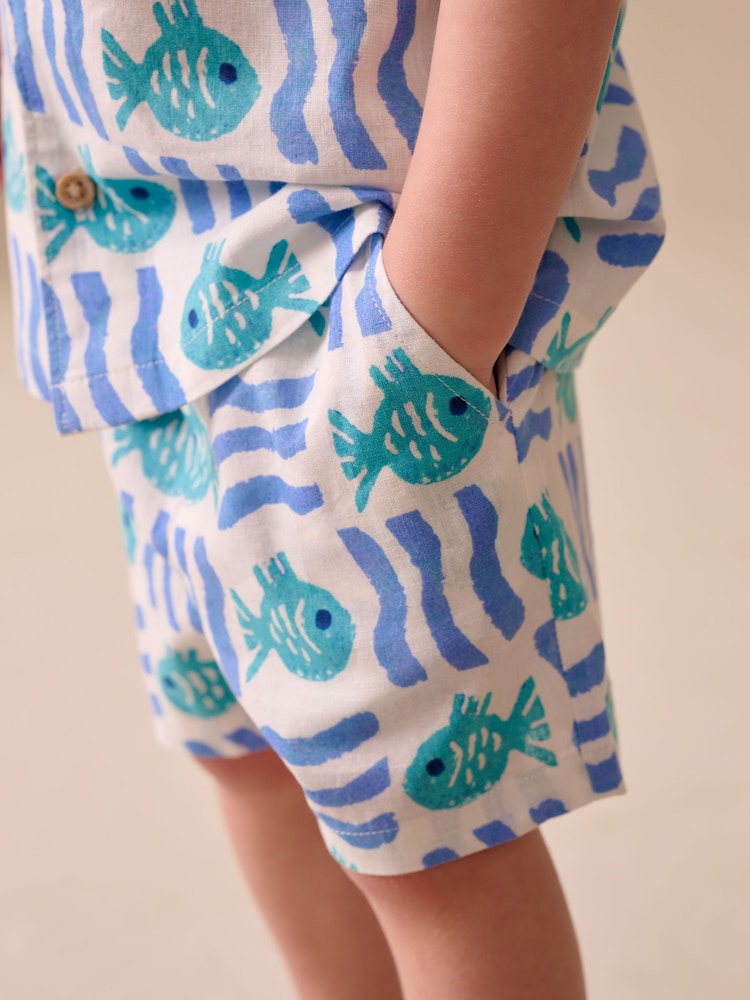 White/Blue Sea All Over Print Short Sleeve Revere Collar Shirt & Shorts Set (3mths-10yrs)