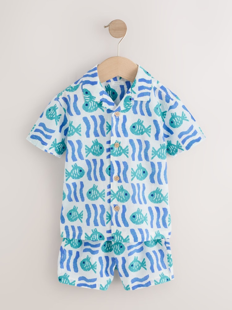 White/Blue Sea All Over Print Short Sleeve Revere Collar Shirt & Shorts Set (3mths-10yrs)