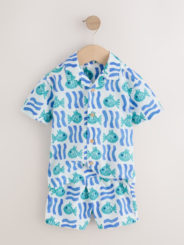 White/Blue Sea All Over Print Short Sleeve Revere Collar Shirt & Shorts Set (3mths-10yrs)