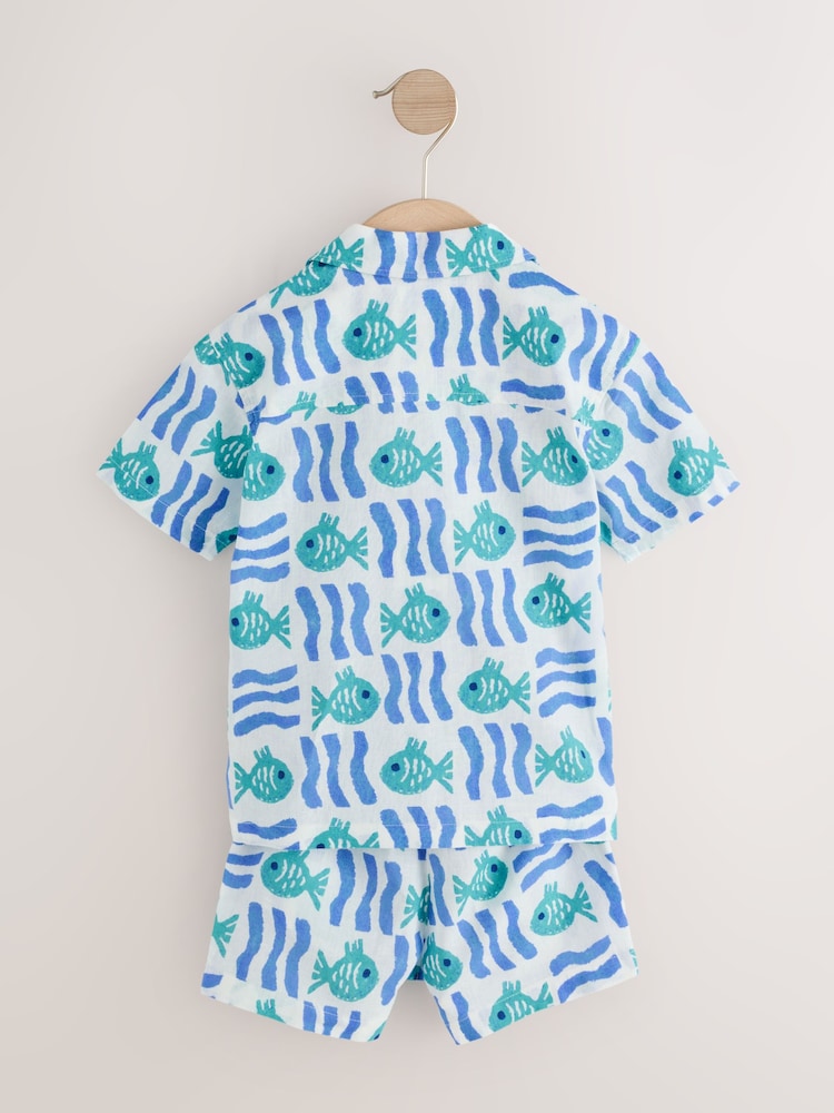 White/Blue Sea All Over Print Short Sleeve Revere Collar Shirt & Shorts Set (3mths-10yrs)