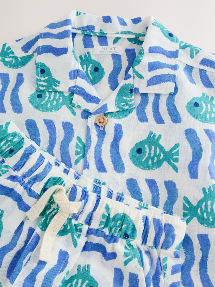 White/Blue Sea All Over Print Short Sleeve Revere Collar Shirt & Shorts Set (3mths-10yrs)