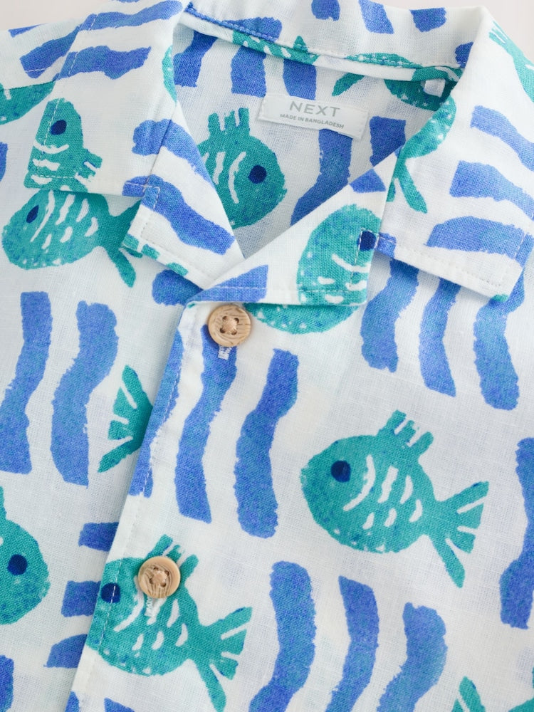 White/Blue Sea All Over Print Short Sleeve Revere Collar Shirt & Shorts Set (3mths-10yrs)