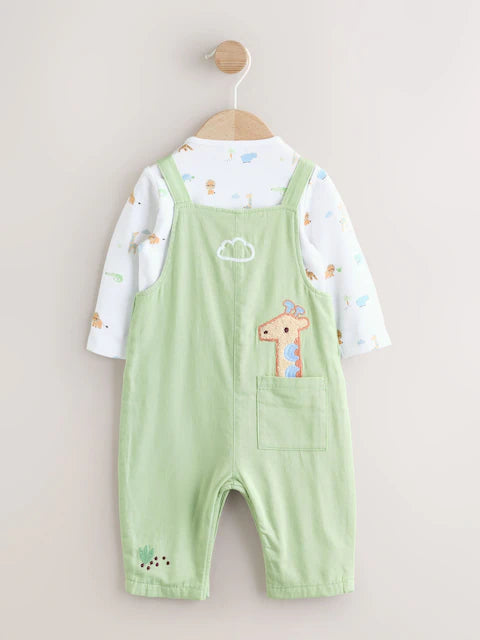 Green Safari Animal Baby Twill Dungarees and Bodysuit Set (0mths-2yrs)