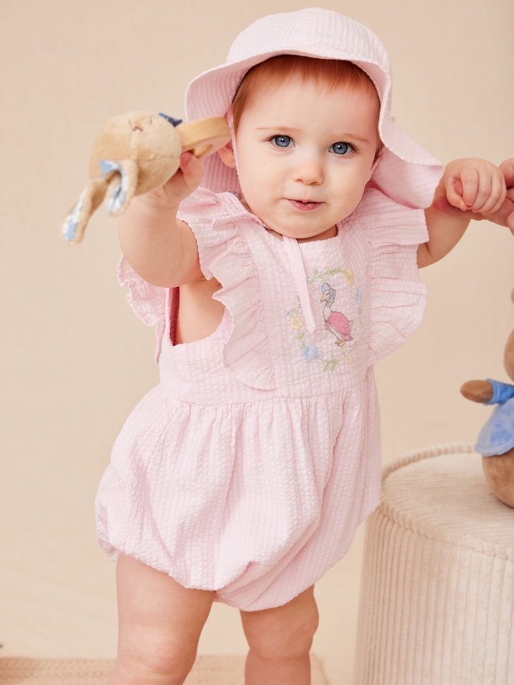 JoJo Maman Bébé Pink Jemima Puddle-Duck Embroidered Romper & Hat Set - Size Up To 3 Months (50 - 62cm)