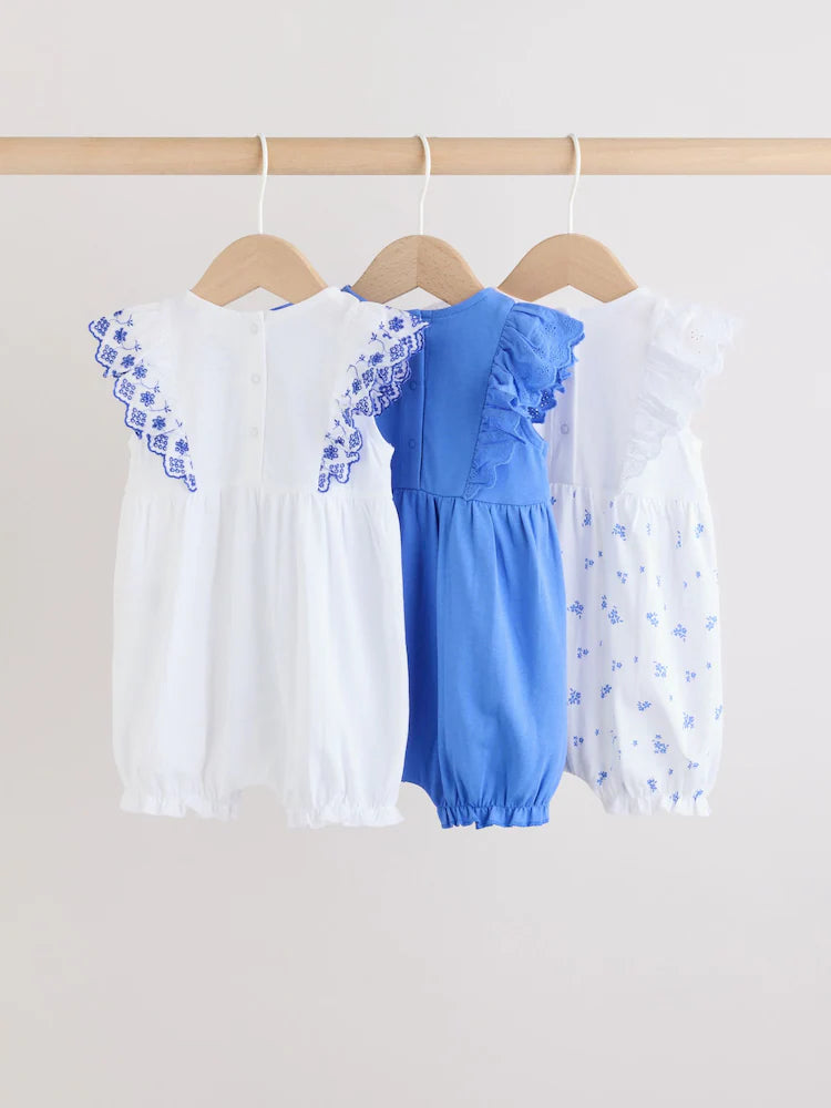 Blue Floral Broderie Broderie 3 Pack Baby Rompers