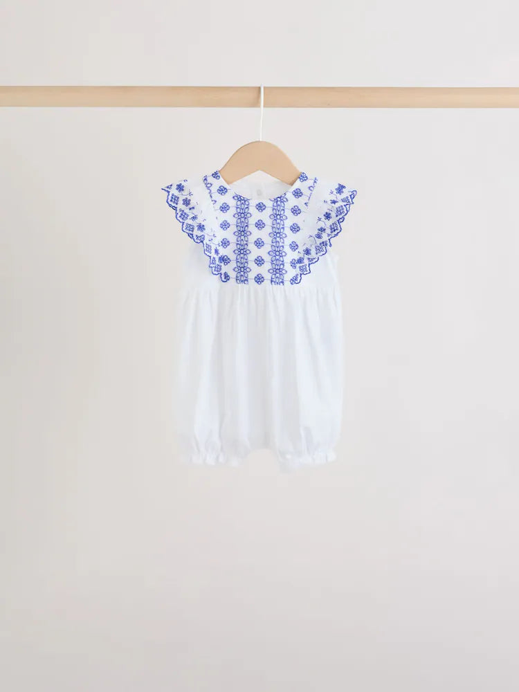 Blue Floral Broderie Broderie 3 Pack Baby Rompers