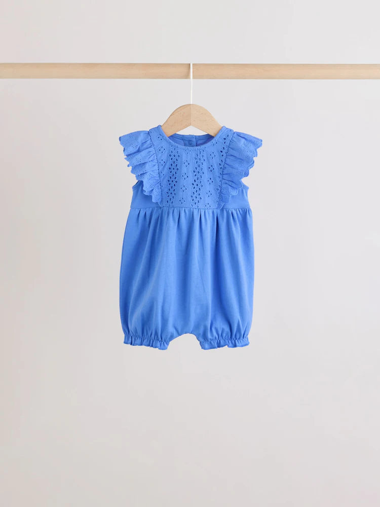 Blue Floral Broderie Broderie 3 Pack Baby Rompers