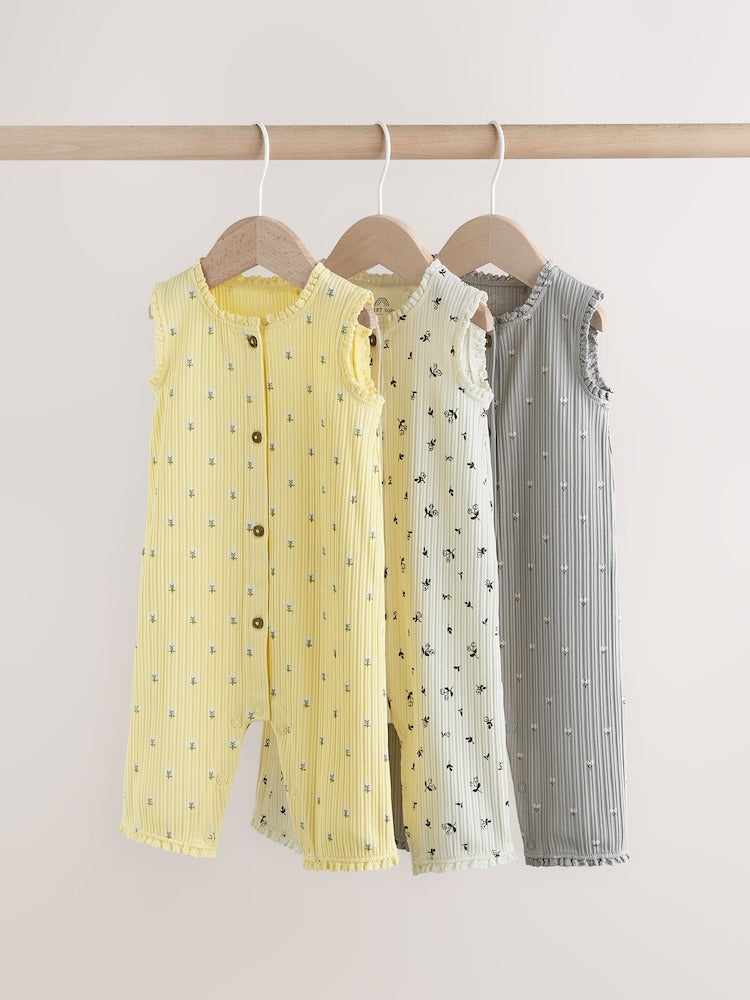 Monochrome Floral Rib Wide Leg Jersey Baby Rompers 3 Pack
