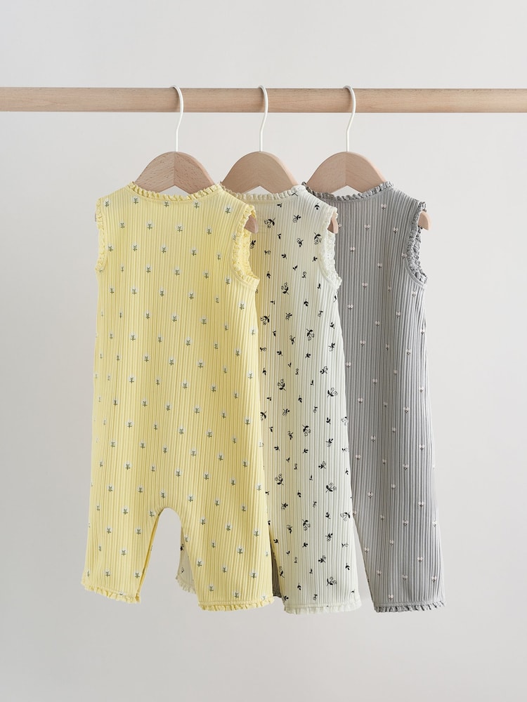 Monochrome Floral Rib Wide Leg Jersey Baby Rompers 3 Pack