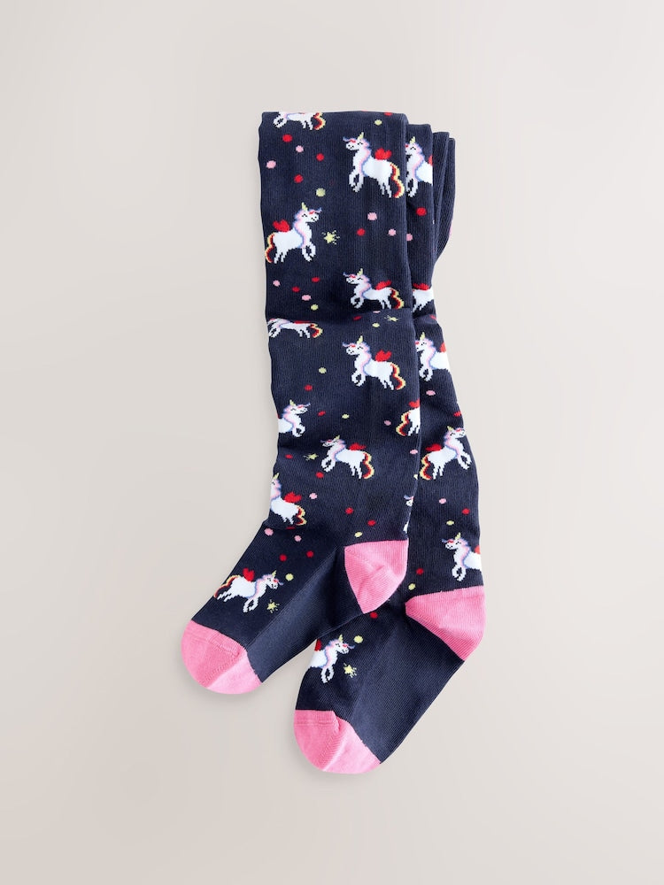 Navy Blue Cotton Rich Unicorn Tights