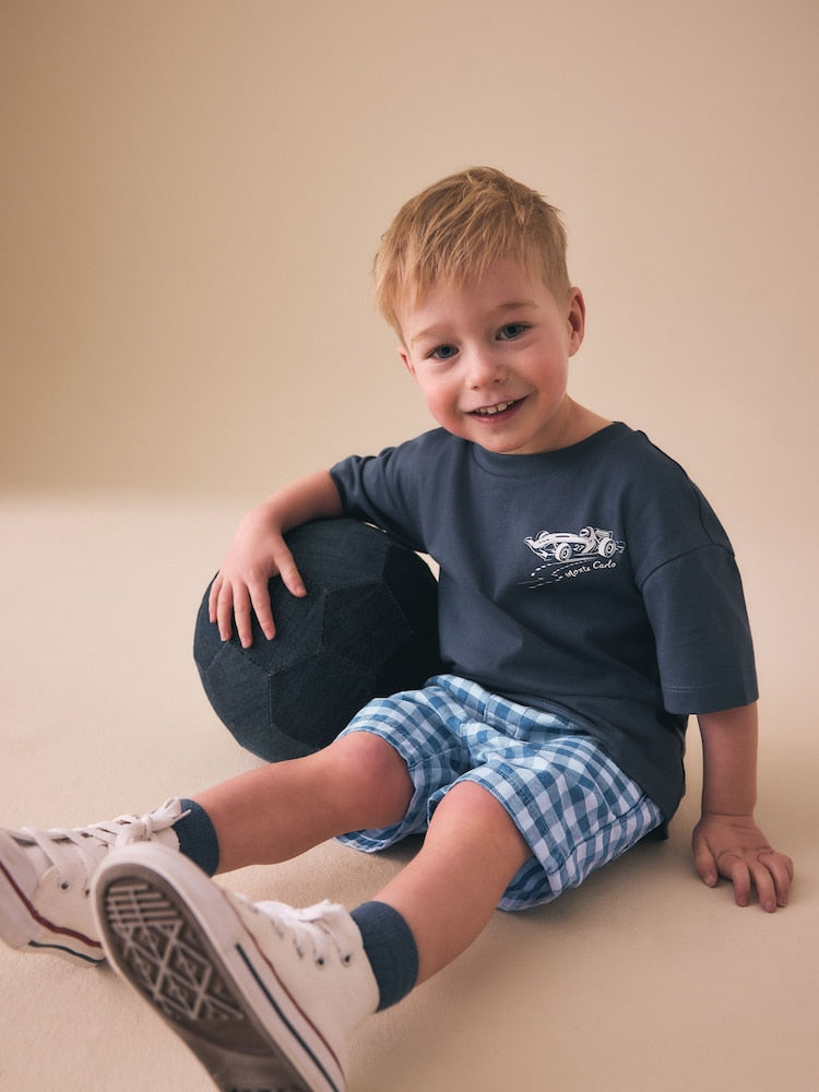 Blue Gingham Pull On Loose Denim Shorts (3mths-7yrs)