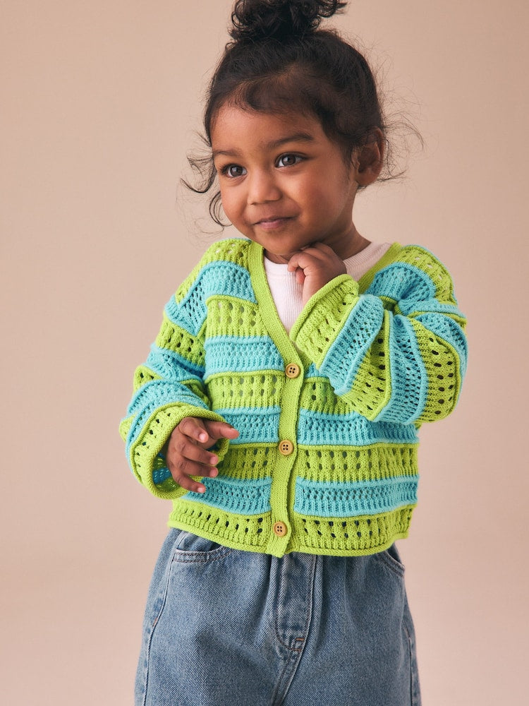 Green/Blue V-Neck Crochet Cardigan (3mths-7yrs) - Size 3-6 Months (62-68cm) - Green/Blue