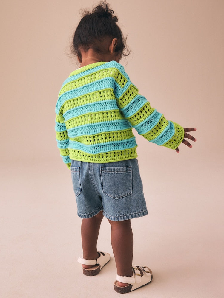 Green/Blue V-Neck Crochet Cardigan (3mths-7yrs) - Size 3-6 Months (62-68cm)