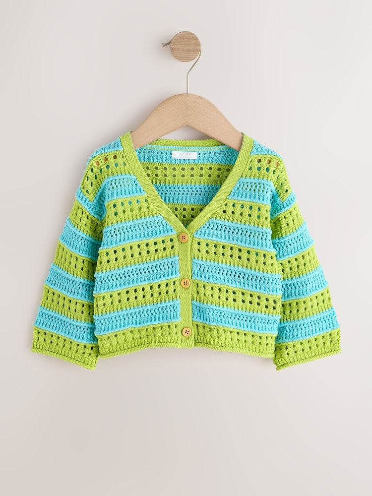 Green/Blue V-Neck Crochet Cardigan (3mths-7yrs) - Size 3-6 Months (62-68cm)