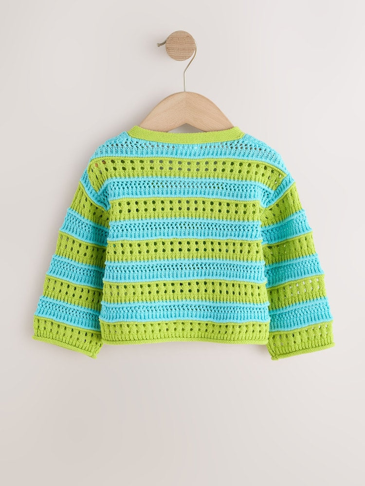 Green/Blue V-Neck Crochet Cardigan (3mths-7yrs) - Size 3-6 Months (62-68cm)