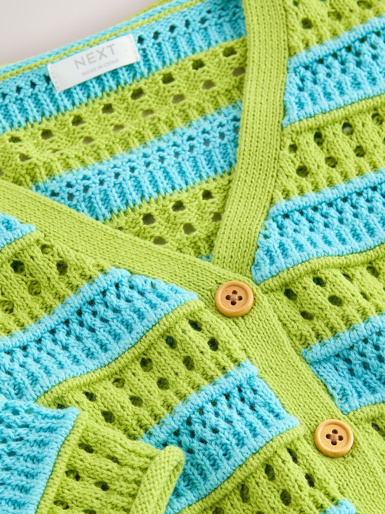 Green/Blue V-Neck Crochet Cardigan (3mths-7yrs) - Size 3-6 Months (62-68cm)