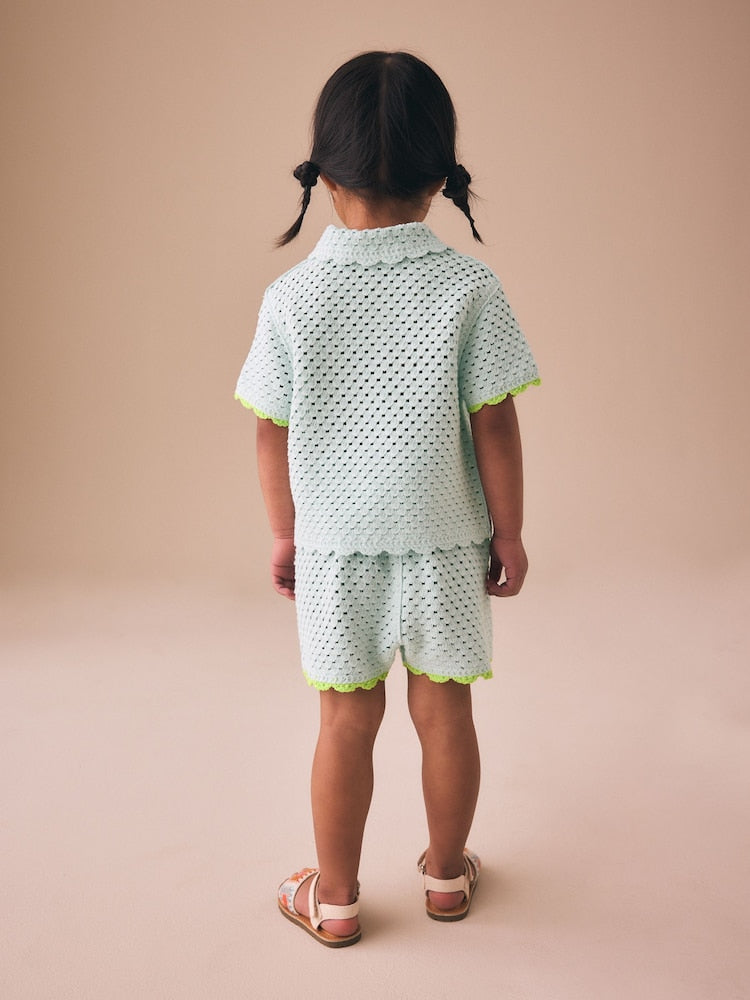 Blue Crochet Embroidered Knitted Shorts Set (3mths-7yrs) - Size 3-6 Months (62-68cm)