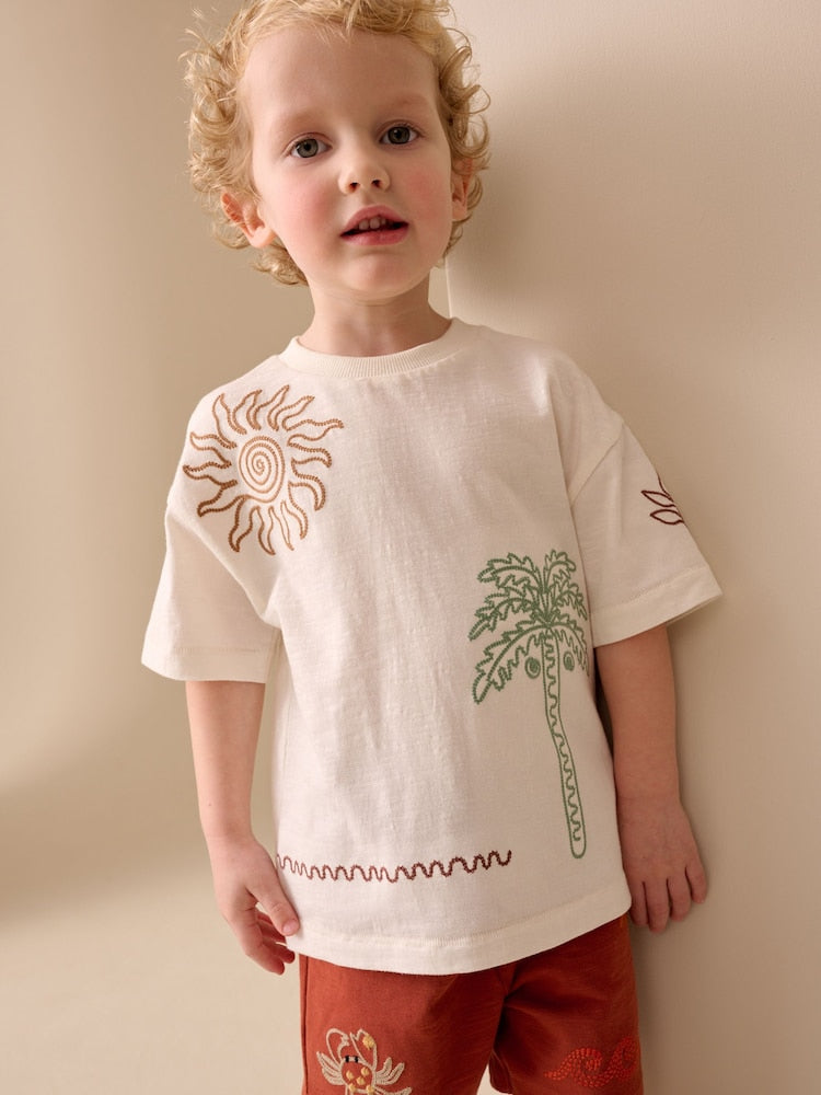 Ecru Palms Embroidery Short Sleeve T-Shirt and Shorts Set (3mths-7yrs)