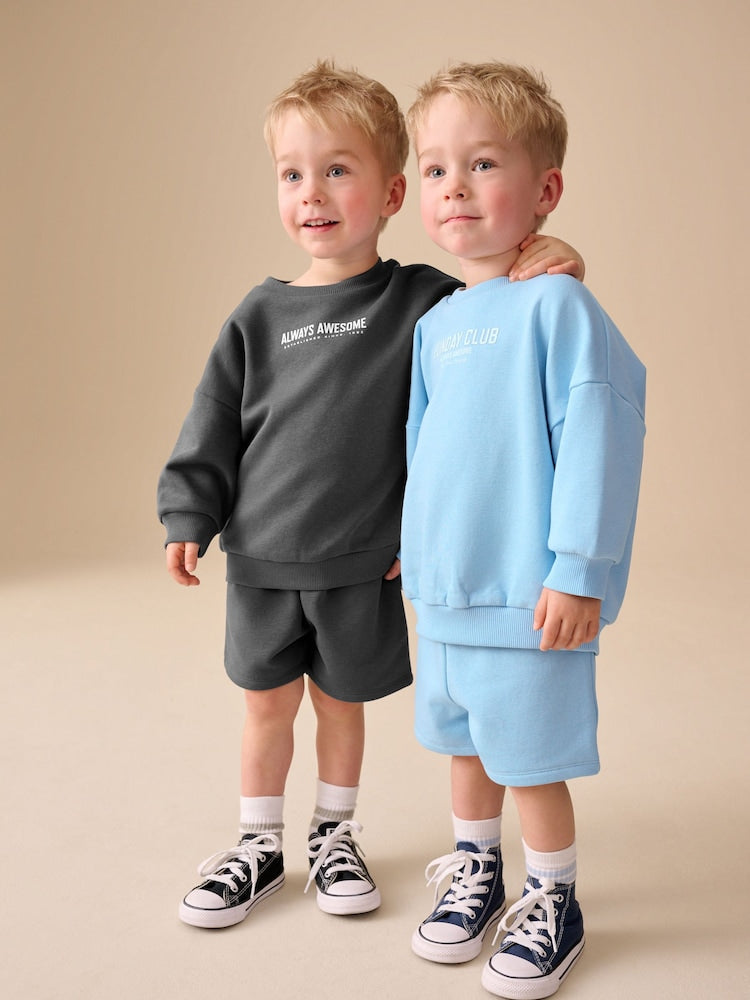 Charcoal Grey and Blue Crew Neck Sweatshirt and Shorts 2 Pack Set (3mths-7yrs)