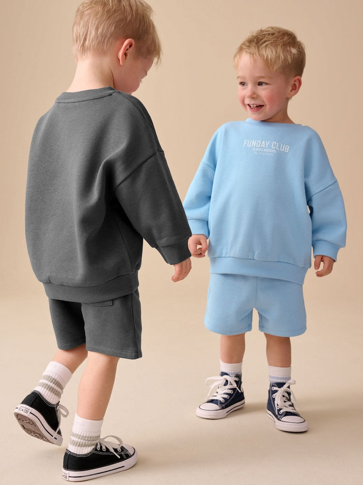 Charcoal Grey and Blue Crew Neck Sweatshirt and Shorts 2 Pack Set (3mths-7yrs)