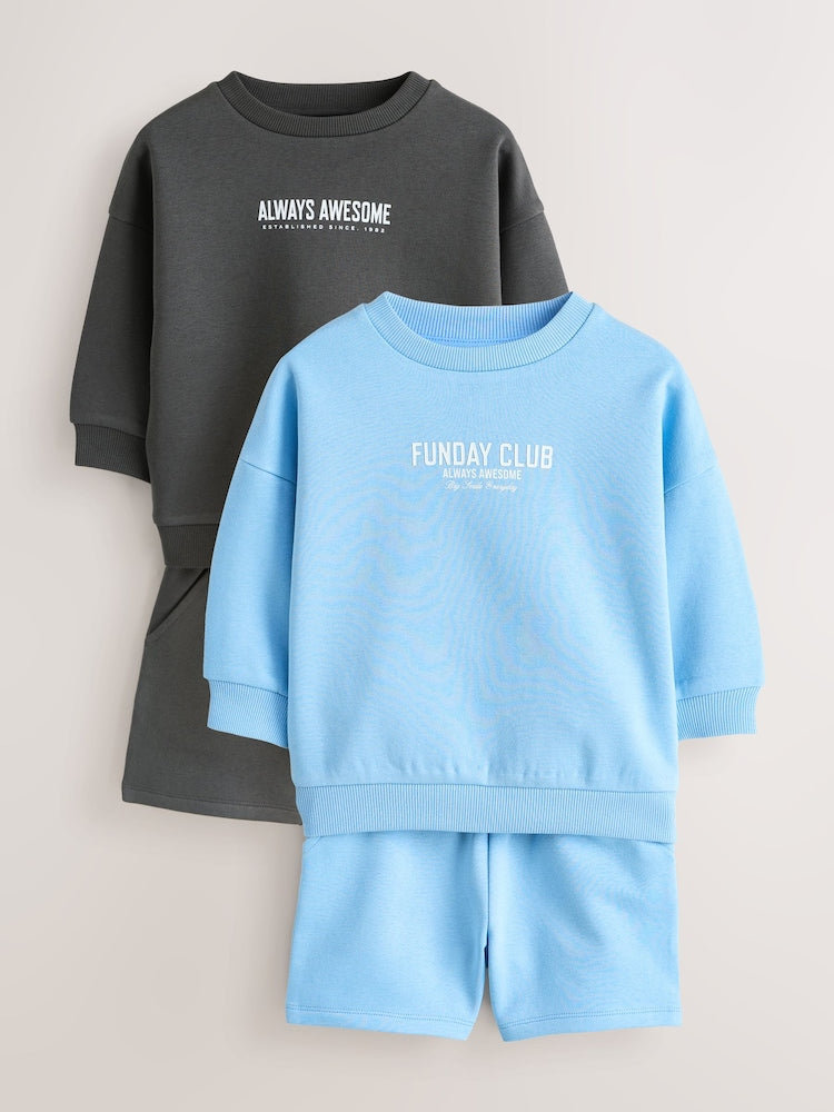 Charcoal Grey and Blue Crew Neck Sweatshirt and Shorts 2 Pack Set (3mths-7yrs)