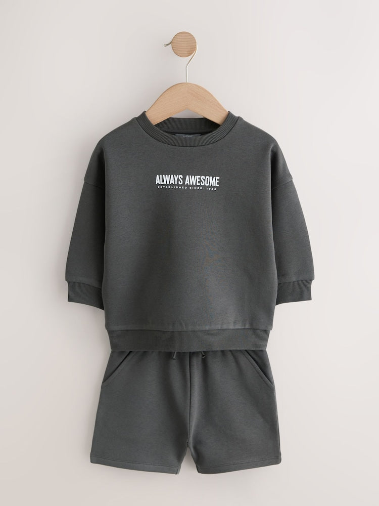 Charcoal Grey and Blue Crew Neck Sweatshirt and Shorts 2 Pack Set (3mths-7yrs)