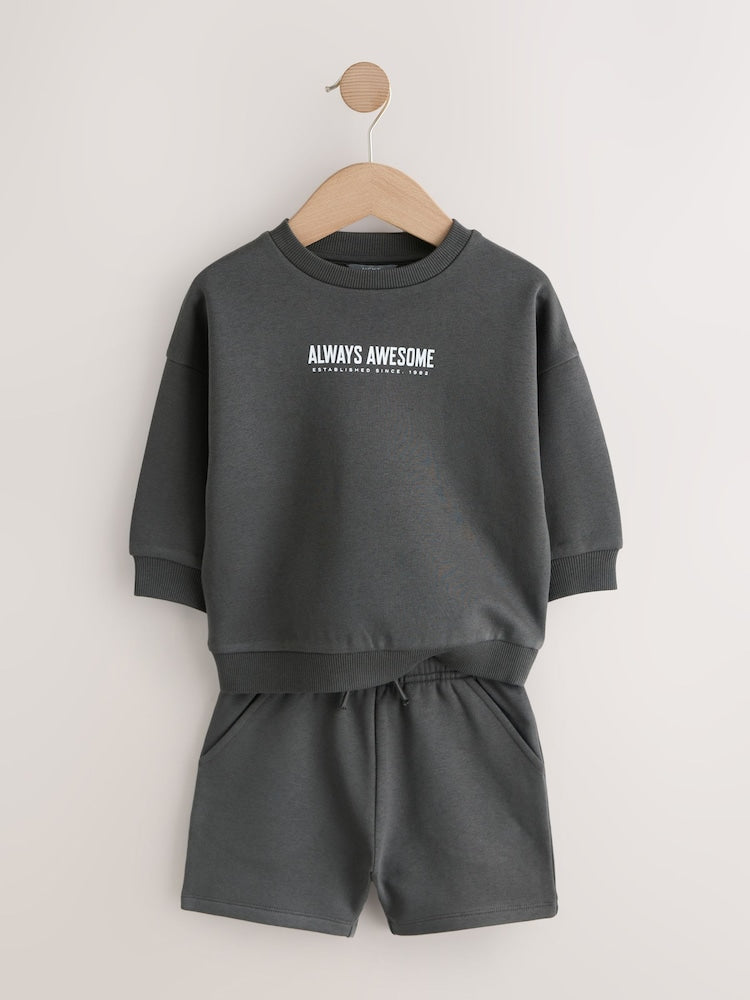 Charcoal Grey and Blue Crew Neck Sweatshirt and Shorts 2 Pack Set (3mths-7yrs)