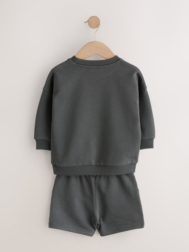 Charcoal Grey and Blue Crew Neck Sweatshirt and Shorts 2 Pack Set (3mths-7yrs)