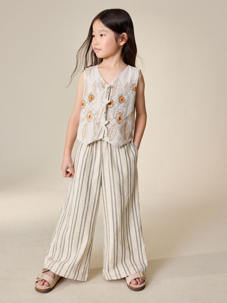 Neutral Embroidered Waistcoat and Wide Leg Trousers Set (3-16yrs)