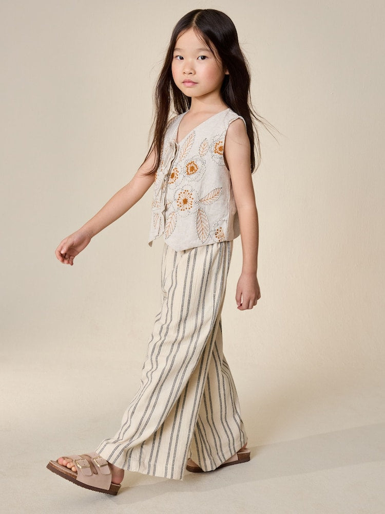 Neutral Embroidered Waistcoat and Wide Leg Trousers Set (3-16yrs)