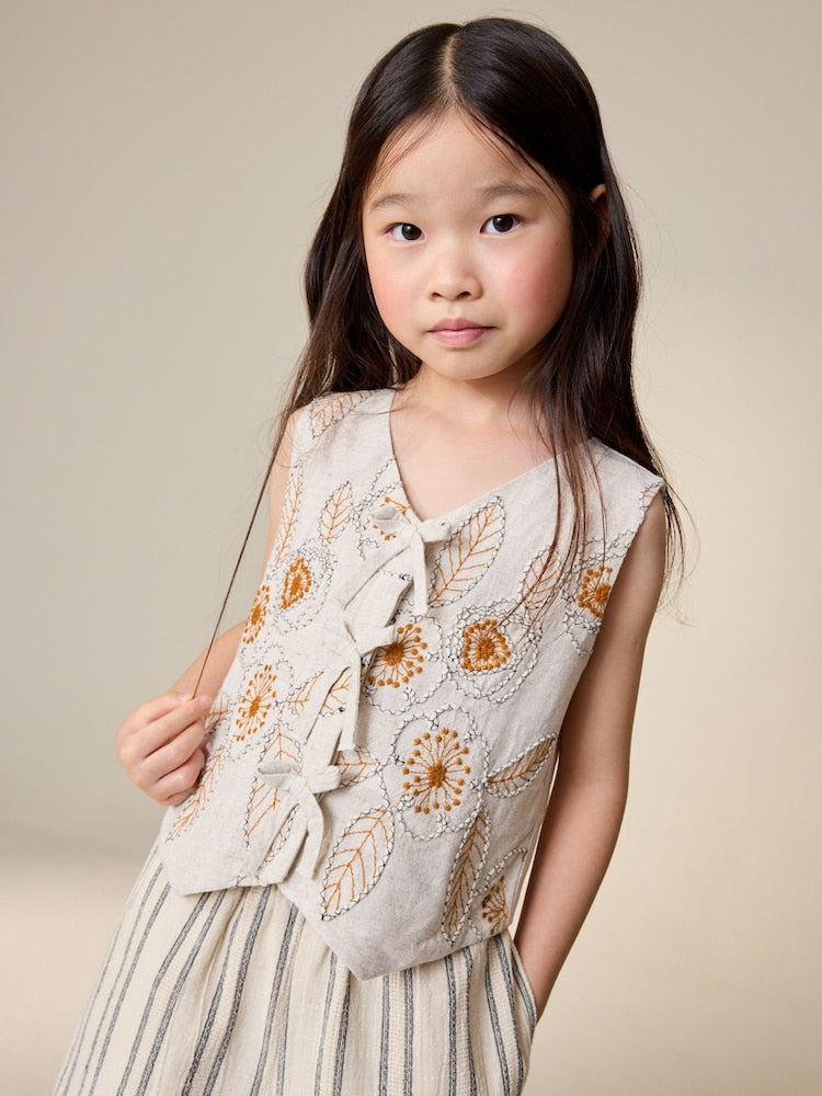 Neutral Embroidered Waistcoat and Wide Leg Trousers Set (3-16yrs)