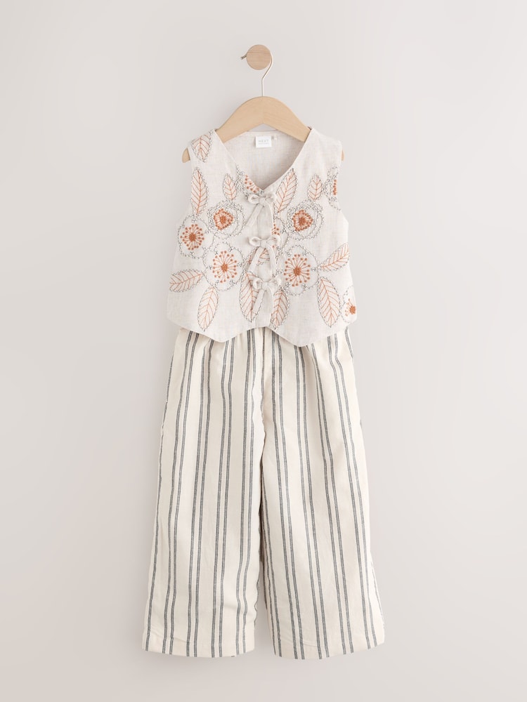 Neutral Embroidered Waistcoat and Wide Leg Trousers Set (3-16yrs)