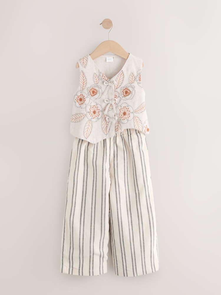 Neutral Embroidered Waistcoat and Wide Leg Trousers Set (3-16yrs)