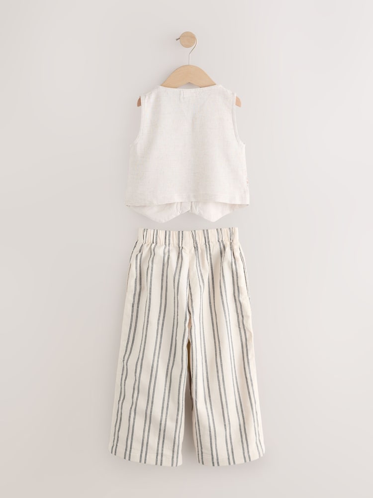 Neutral Embroidered Waistcoat and Wide Leg Trousers Set (3-16yrs)