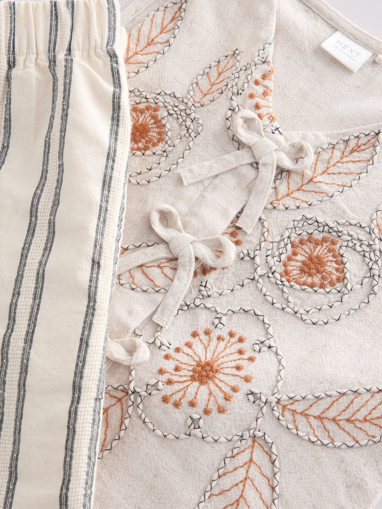 Neutral Embroidered Waistcoat and Wide Leg Trousers Set (3-16yrs)