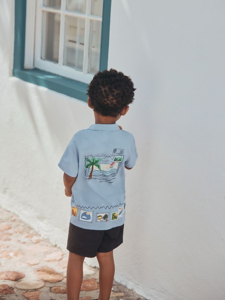 Blue Palm Print Short Sleeve Revere Collar Printed Shirt (3mths-7yrs)