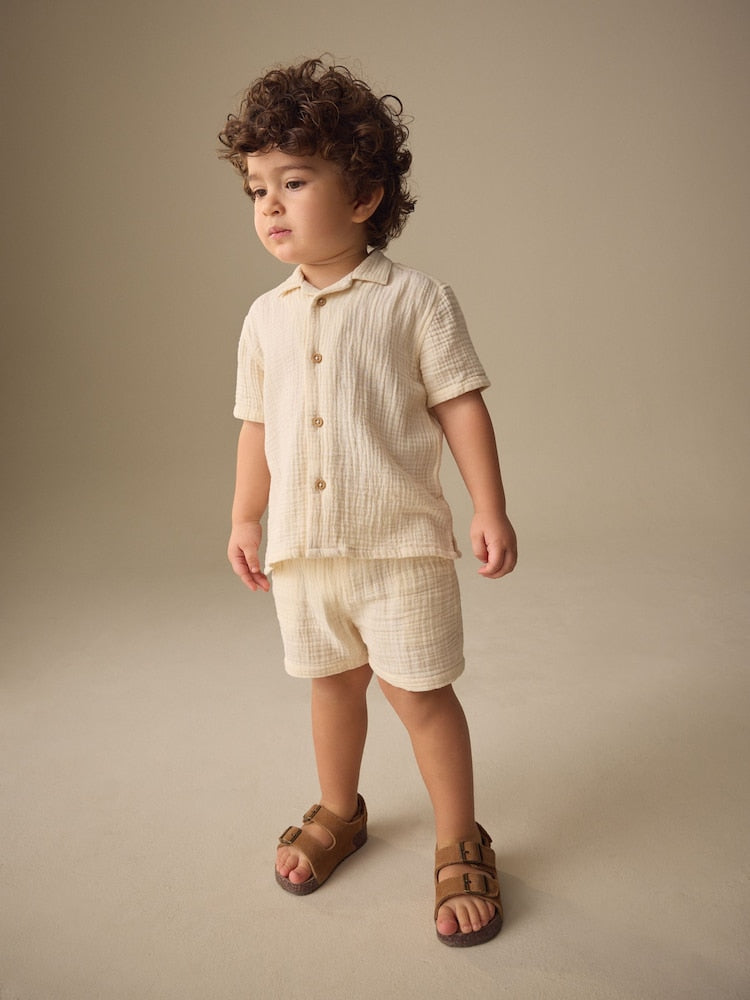 Ecru Plain Short Sleeve Double Cloth Shirt & Shorts Set (3mths-10yrs)
