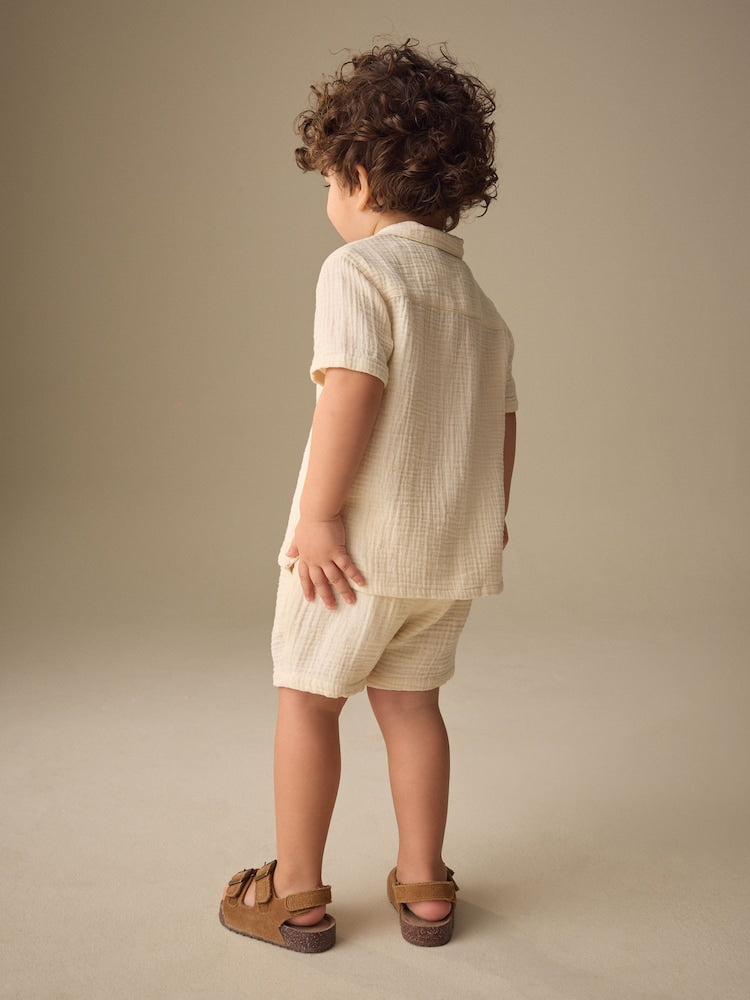 Ecru Plain Short Sleeve Double Cloth Shirt & Shorts Set (3mths-10yrs)