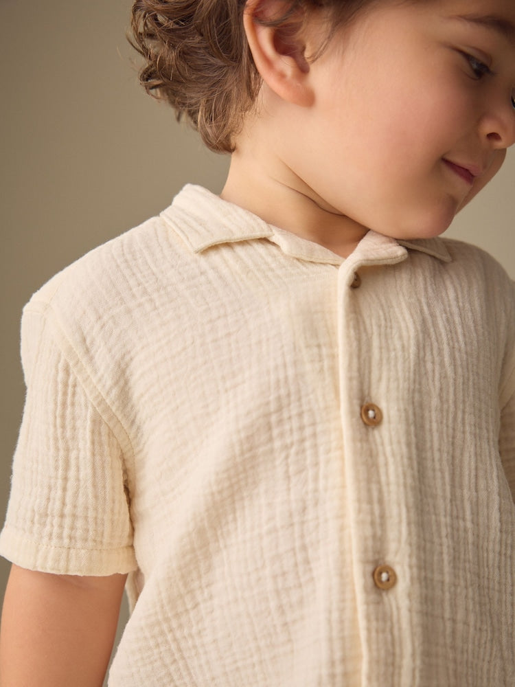 Ecru Plain Short Sleeve Double Cloth Shirt & Shorts Set (3mths-10yrs)