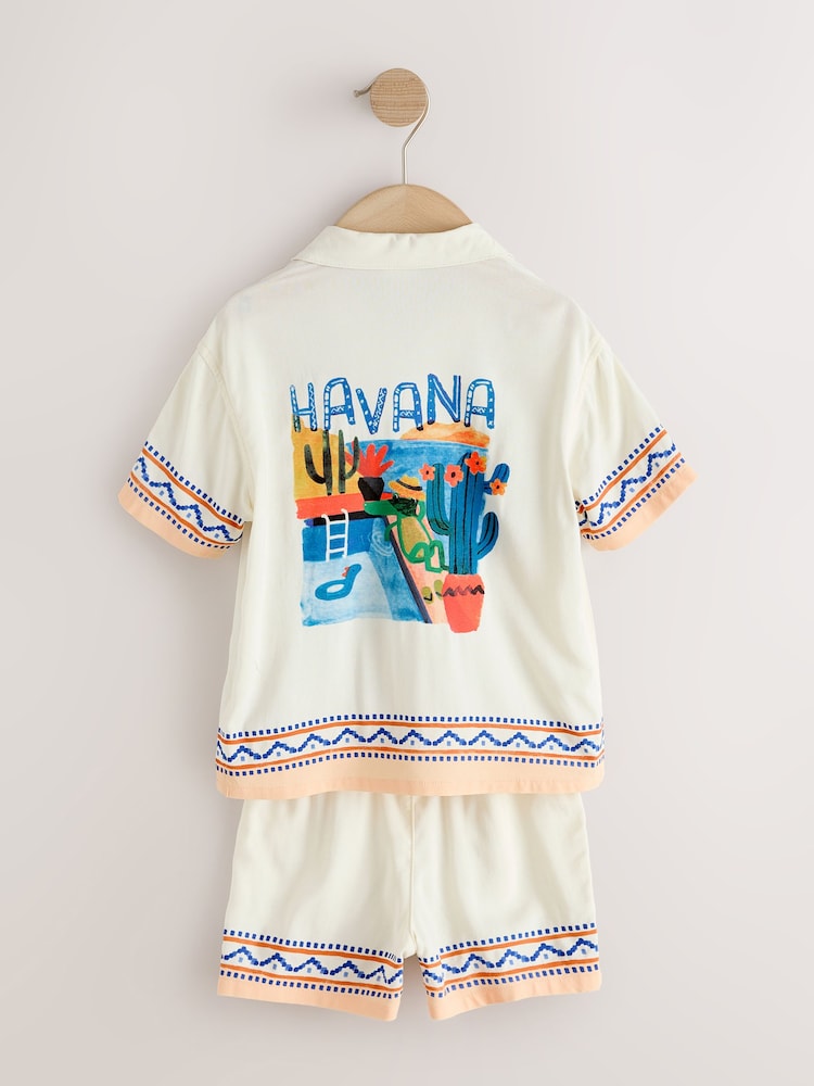 Ecru Fruta de Cuba Print Short Sleeve Revere Collar Shirt & Shorts Set (3mths-10yrs)